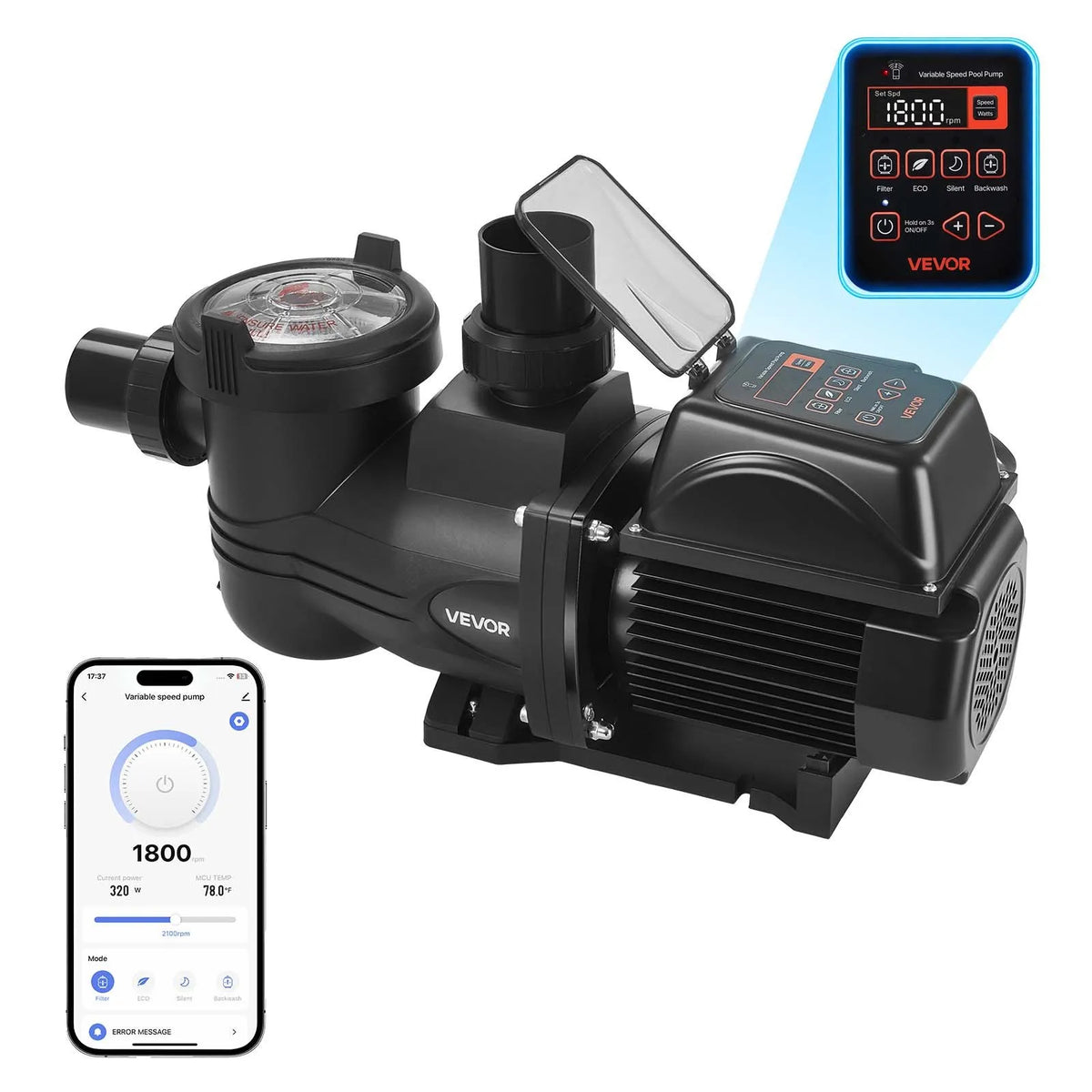 VEVOR maināma ātruma baseina sūknis 1650 W, AC 220–240 V, plūsma līdz 33000 l/h ar filtra grozu, pašiesūcošs ar programmējamu taimeri, piemērots iebūvētiem un virszemes baseiniem - ZEMLETES.LV