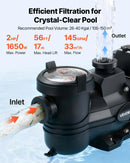 VEVOR maināma ātruma baseina sūknis 1650 W, AC 220–240 V, plūsma līdz 33000 l/h ar filtra grozu, pašiesūcošs ar programmējamu taimeri, piemērots iebūvētiem un virszemes baseiniem