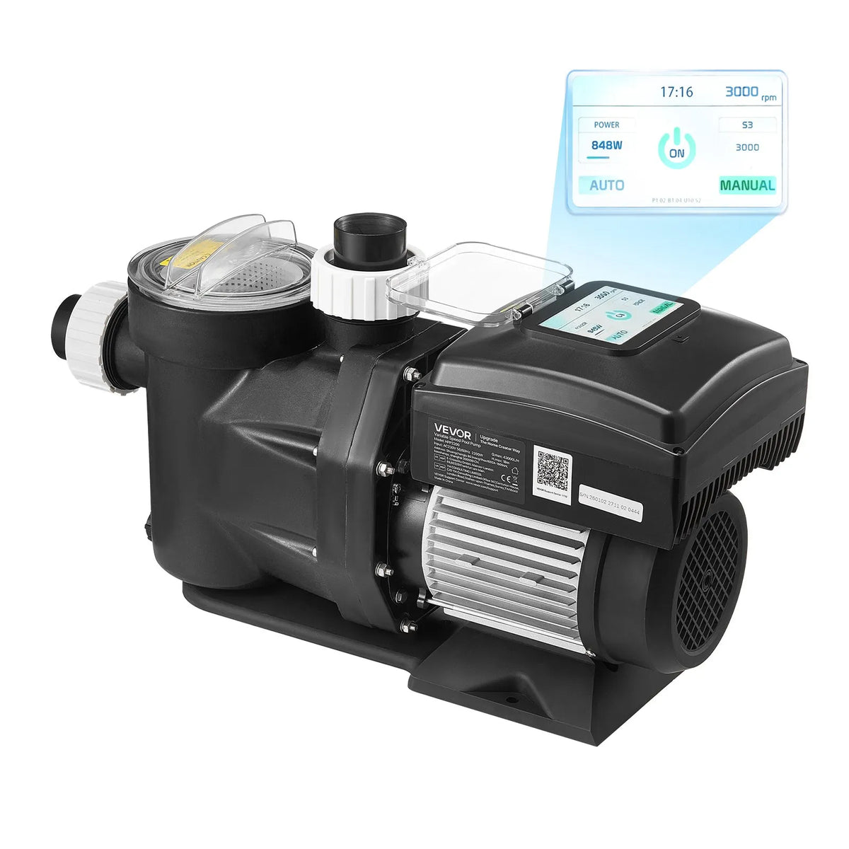 VEVOR baseina ūdens sūknis ar regulējamu ātrumu, 2200 W, AC 220–240 V, 43 000 l/h, pašuzsūcošs sūknis iebūvētiem un virszemes baseiniem ar filtra grozu un programmējamu taimeri - ZEMLETES.LV