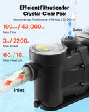 VEVOR baseina ūdens sūknis ar regulējamu ātrumu, 2200 W, AC 220–240 V, 43 000 l/h, pašuzsūcošs sūknis iebūvētiem un virszemes baseiniem ar filtra grozu un programmējamu taimeri