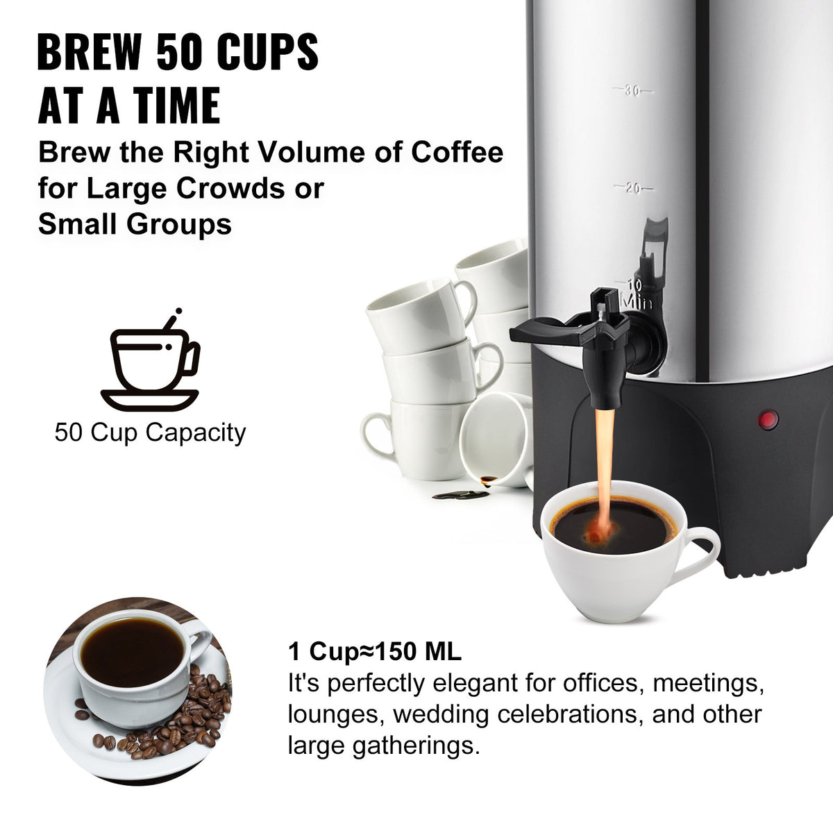 VEVOR Commercial Coffee Thermos for 50 Cups, Stainless Steel, Fast Brewing