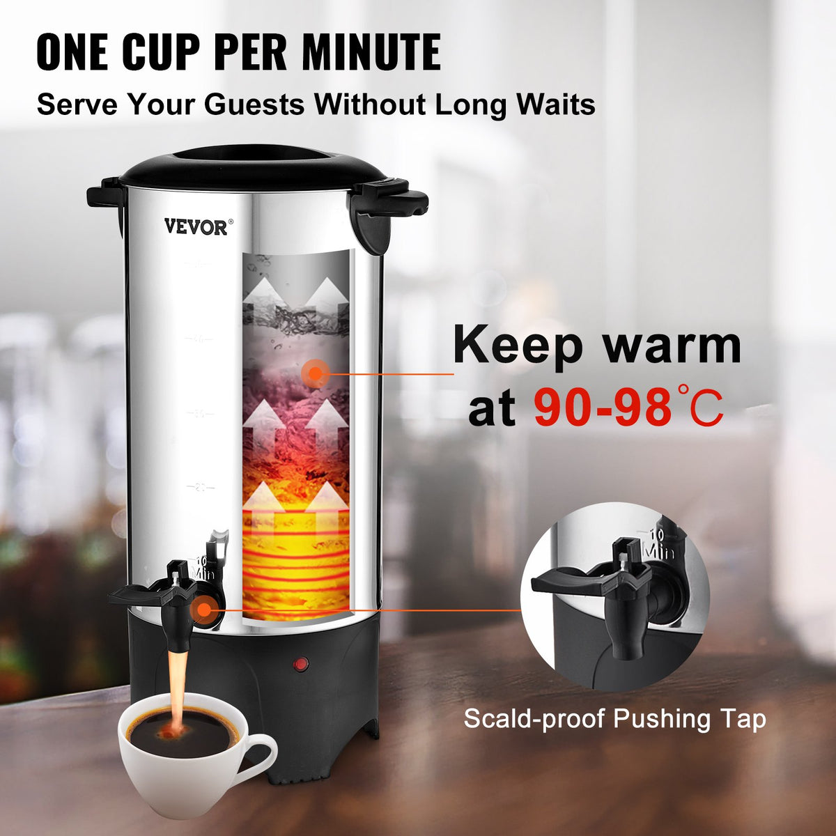 VEVOR Commercial Coffee Thermos for 50 Cups, Stainless Steel, Fast Brewing