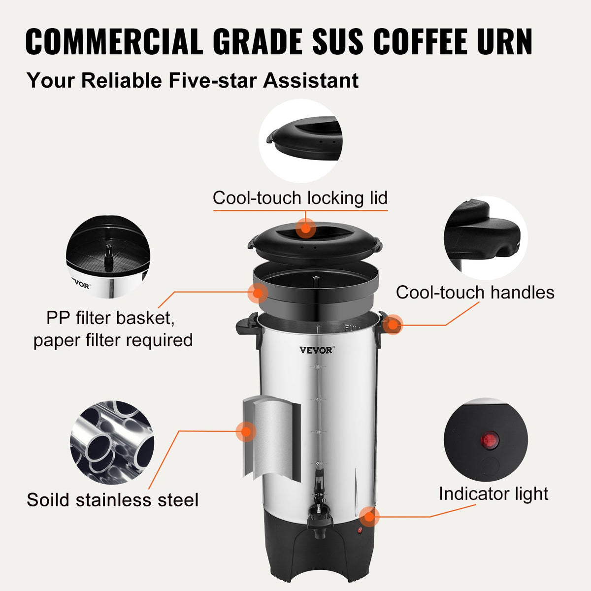 VEVOR Commercial Coffee Thermos for 50 Cups, Stainless Steel, Fast Brewing