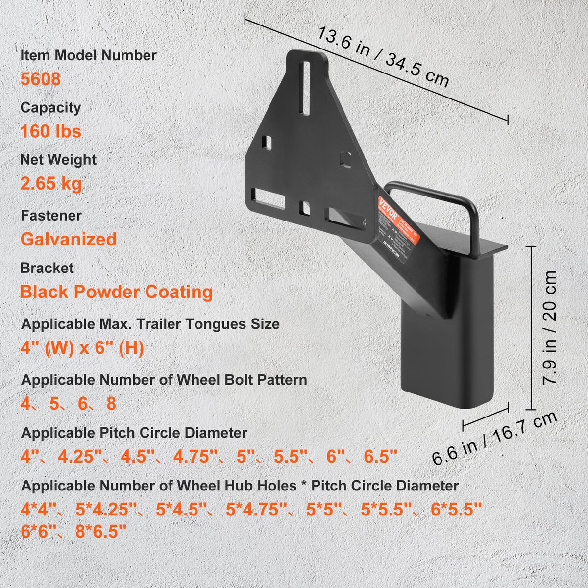 VEVOR Spare Wheel Carrier, Trailer Spare Wheel Mount, 72.5 kg Capacity, Trailer Accessory, Suitable for Most 4, 5, 6 and 8 Bolt Wheels with 100, 108, 114, 120, 127, 140, 152, 165 mm Bolt Patterns
