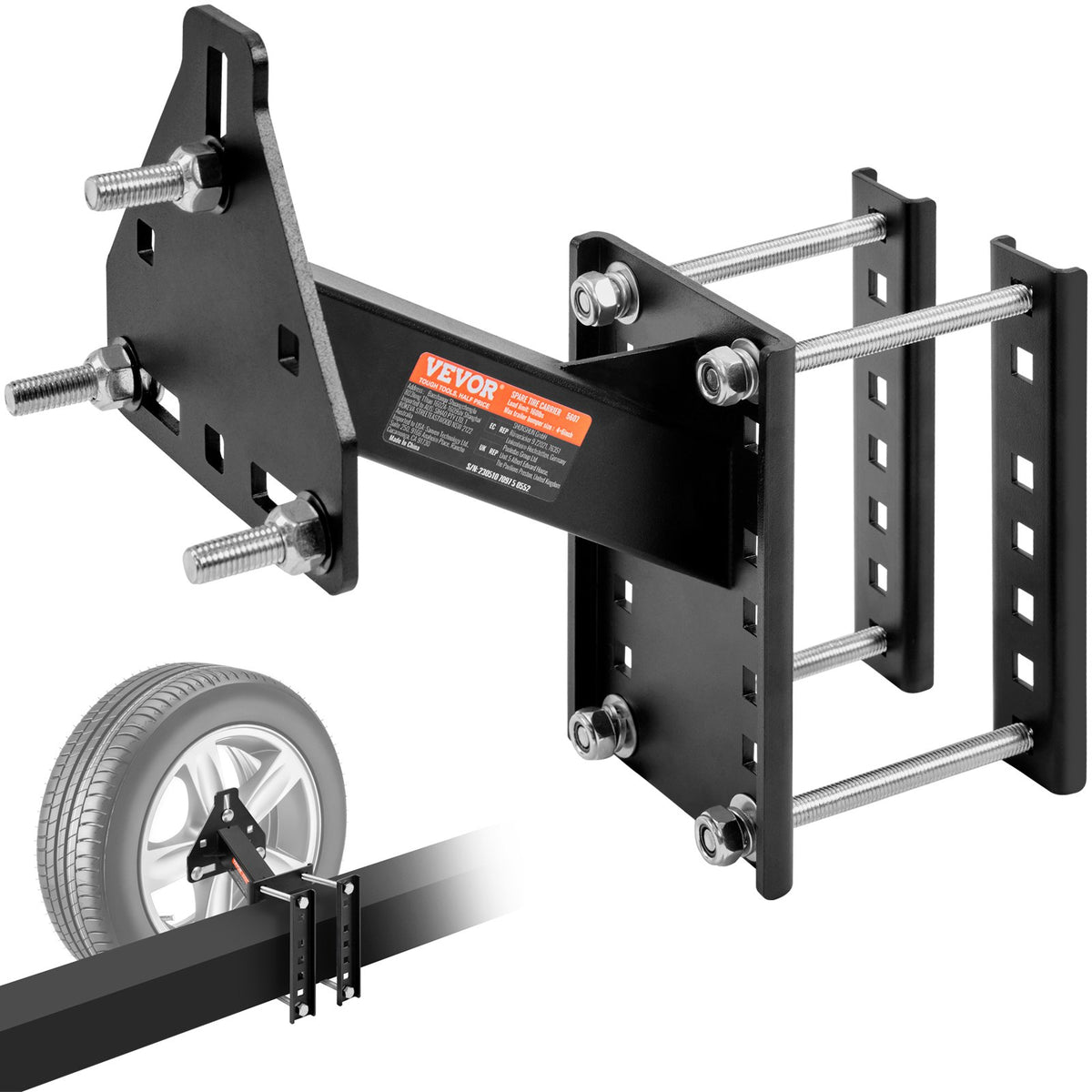 VEVOR Spare Tyre Carrier – Trailer Mount Tyre Holder, 72.5 kg Load Capacity, Fits 4, 5, 6 and 8 Bolt Wheels with Spacings: 101.6 mm, 107.9 mm, 114.3 mm, 120.6 mm, 127 mm, 139.7 mm, 152.4 mm, 165.1 mm