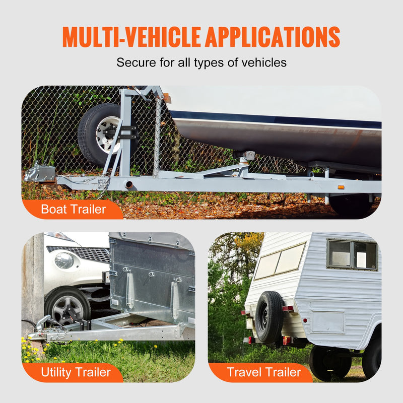 VEVOR rezerves riepas turētājs – piekabes stiprinājums riepas uzglabāšanai, līdz 72,5 kg kravnesība, piemērots 4, 5, 6 un 8 skrūvju riteņiem ar attālumiem: 101,6 mm, 107,9 mm, 114,3 mm, 120,6 mm, 127 mm, 139,7 mm, 152,4 mm, 165,1 mm