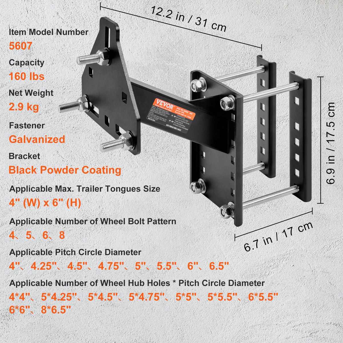 VEVOR Spare Tyre Carrier – Trailer Mount Tyre Holder, 72.5 kg Load Capacity, Fits 4, 5, 6 and 8 Bolt Wheels with Spacings: 101.6 mm, 107.9 mm, 114.3 mm, 120.6 mm, 127 mm, 139.7 mm, 152.4 mm, 165.1 mm