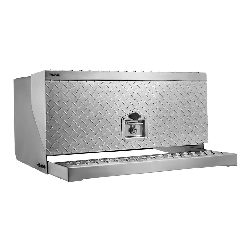 VEVOR puspiekabes pakāpiena instrumentu kaste, 760 × 750 × 400 mm, izturīga alumīnija rievotā instrumentu kaste ar ūdensizturīgu konstrukciju, kabīnes pakāpi, T veida roktura slēdzeni un atslēgām, piemērota platformām un puspiekabēm.