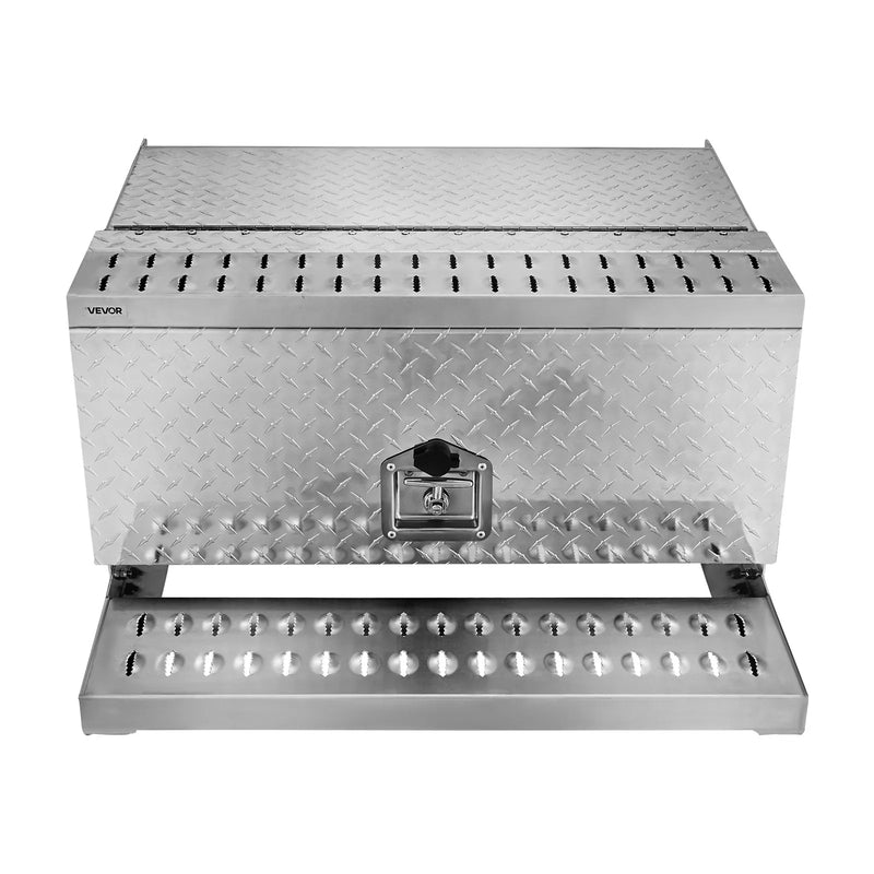 VEVOR puspiekabes pakāpiena instrumentu kaste, 760 × 750 × 400 mm, izturīga alumīnija rievotā instrumentu kaste ar ūdensizturīgu konstrukciju, kabīnes pakāpi, T veida roktura slēdzeni un atslēgām, piemērota platformām un puspiekabēm.