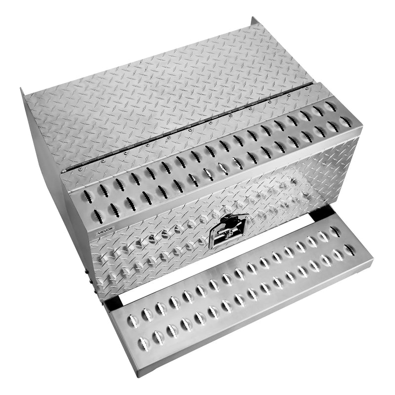 VEVOR puspiekabes pakāpiena instrumentu kaste, 760 × 750 × 400 mm, izturīga alumīnija rievotā instrumentu kaste ar ūdensizturīgu konstrukciju, kabīnes pakāpi, T veida roktura slēdzeni un atslēgām, piemērota platformām un puspiekabēm.