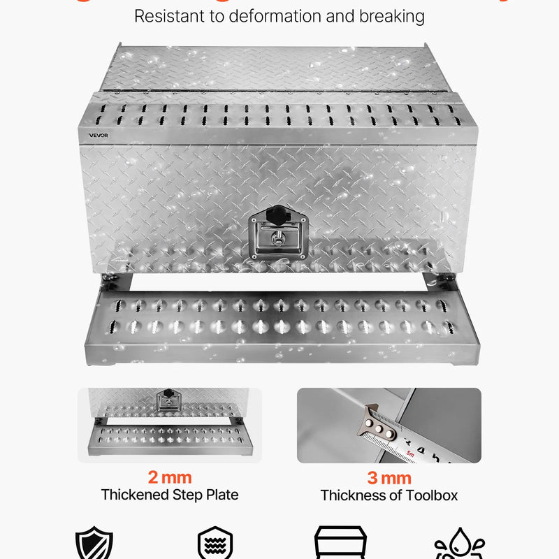 VEVOR puspiekabes pakāpiena instrumentu kaste, 760 × 750 × 400 mm, izturīga alumīnija rievotā instrumentu kaste ar ūdensizturīgu konstrukciju, kabīnes pakāpi, T veida roktura slēdzeni un atslēgām, piemērota platformām un puspiekabēm.