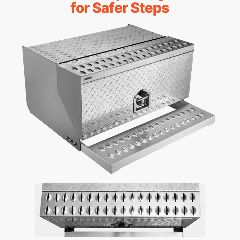 VEVOR puspiekabes pakāpiena instrumentu kaste, 760 × 750 × 400 mm, izturīga alumīnija rievotā instrumentu kaste ar ūdensizturīgu konstrukciju, kabīnes pakāpi, T veida roktura slēdzeni un atslēgām, piemērota platformām un puspiekabēm.