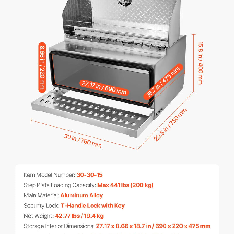 VEVOR puspiekabes pakāpiena instrumentu kaste, 760 × 750 × 400 mm, izturīga alumīnija rievotā instrumentu kaste ar ūdensizturīgu konstrukciju, kabīnes pakāpi, T veida roktura slēdzeni un atslēgām, piemērota platformām un puspiekabēm.