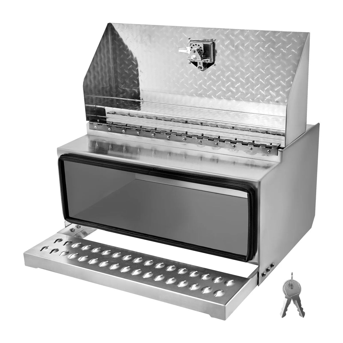 VEVOR puspiekabes pakāpiena instrumentu kaste, 760 × 750 × 400 mm, izturīga alumīnija rievotā instrumentu kaste ar ūdensizturīgu konstrukciju, kabīnes pakāpi, T veida roktura slēdzeni un atslēgām, piemērota platformām un puspiekabēm.