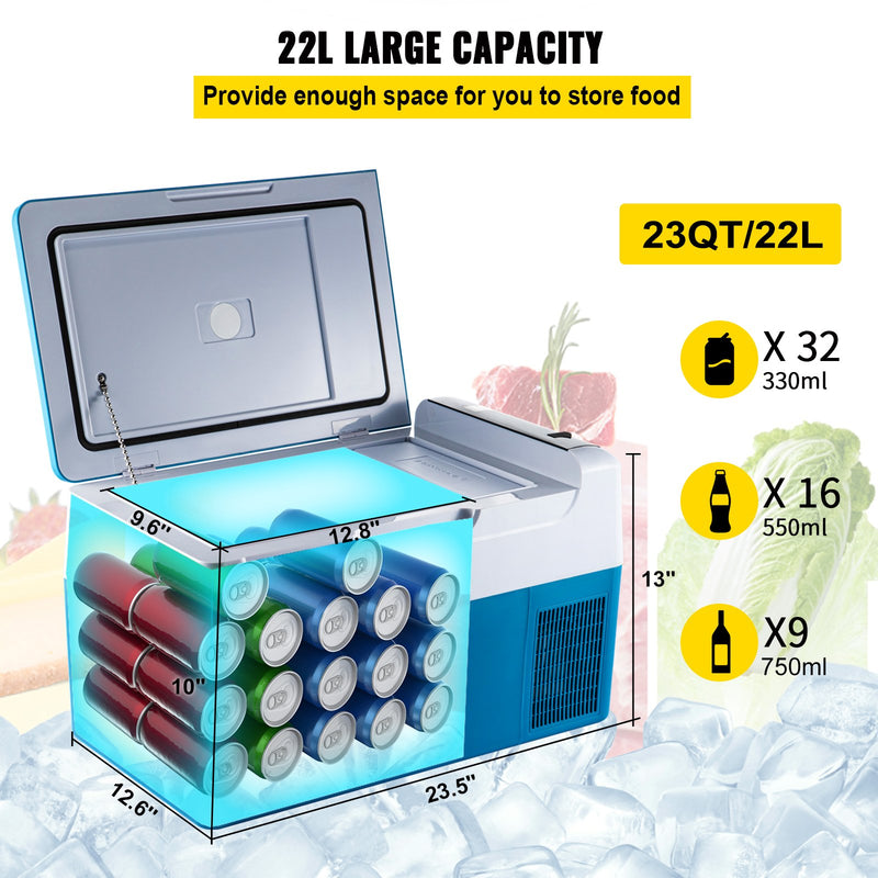 VEVOR automašīnas ledusskapis/saldētava 22L, ideāls risinājums automašīnām, kravas automašīnām, treileriem, laivām, kā arī lietošanai mājās vai āra aktivitātēs, piemēram, ceļojumos, makšķerēšanā un kempingā.