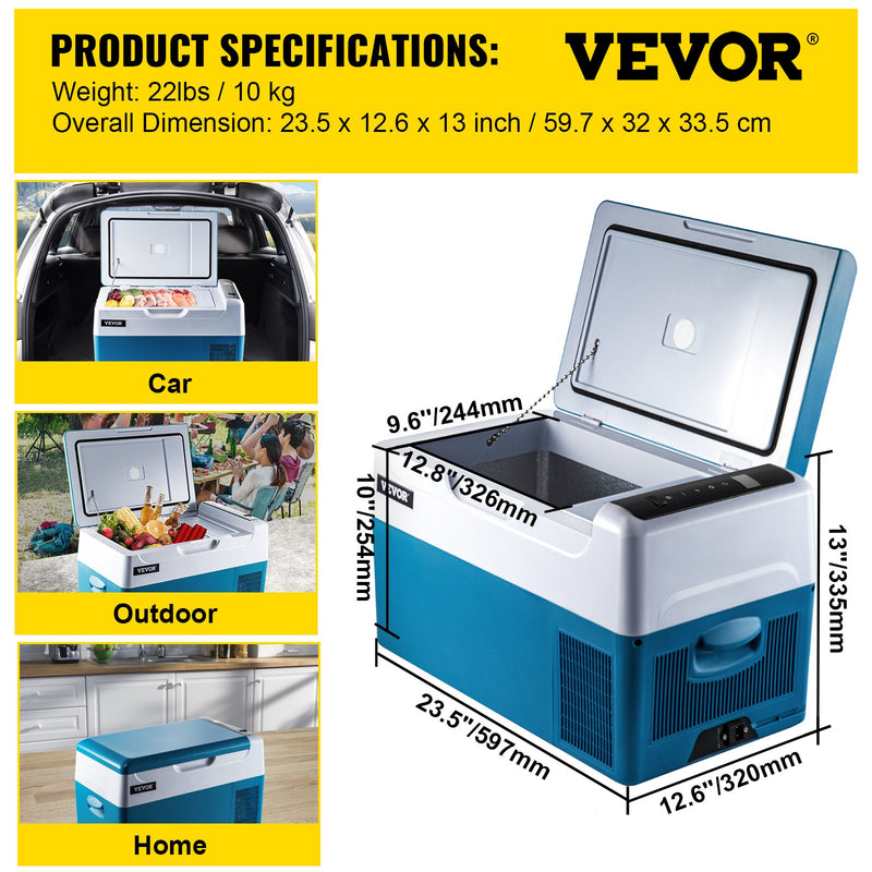 VEVOR automašīnas ledusskapis/saldētava 22L, ideāls risinājums automašīnām, kravas automašīnām, treileriem, laivām, kā arī lietošanai mājās vai āra aktivitātēs, piemēram, ceļojumos, makšķerēšanā un kempingā.