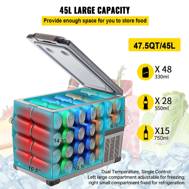 45L VEVOR 45W automašīnas ledusskapis/saldētava, ideāls risinājums automašīnām, kravas automašīnām, treileriem, laivām, kā arī lietošanai mājās vai āra aktivitātēs, piemēram, ceļojumos, makšķerēšanā un kempingā.