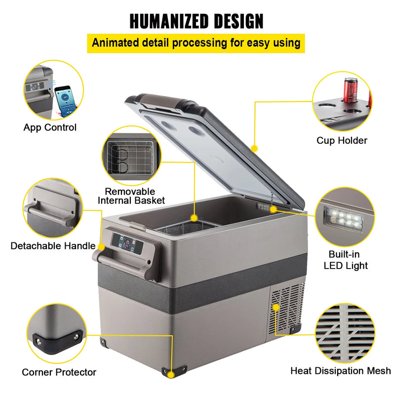45L VEVOR 45W automašīnas ledusskapis/saldētava, ideāls risinājums automašīnām, kravas automašīnām, treileriem, laivām, kā arī lietošanai mājās vai āra aktivitātēs, piemēram, ceļojumos, makšķerēšanā un kempingā.