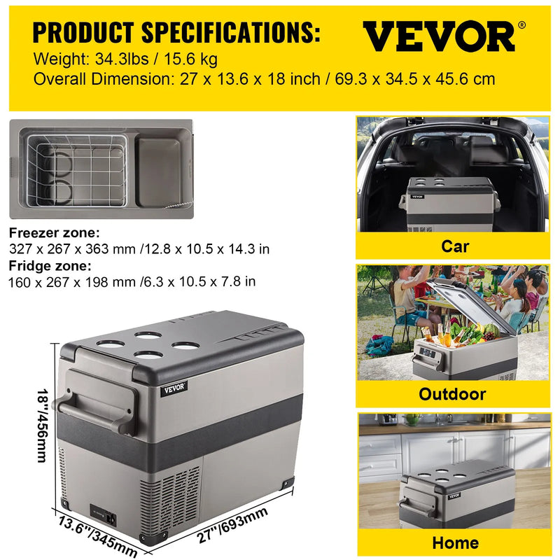 45L VEVOR 45W automašīnas ledusskapis/saldētava, ideāls risinājums automašīnām, kravas automašīnām, treileriem, laivām, kā arī lietošanai mājās vai āra aktivitātēs, piemēram, ceļojumos, makšķerēšanā un kempingā.