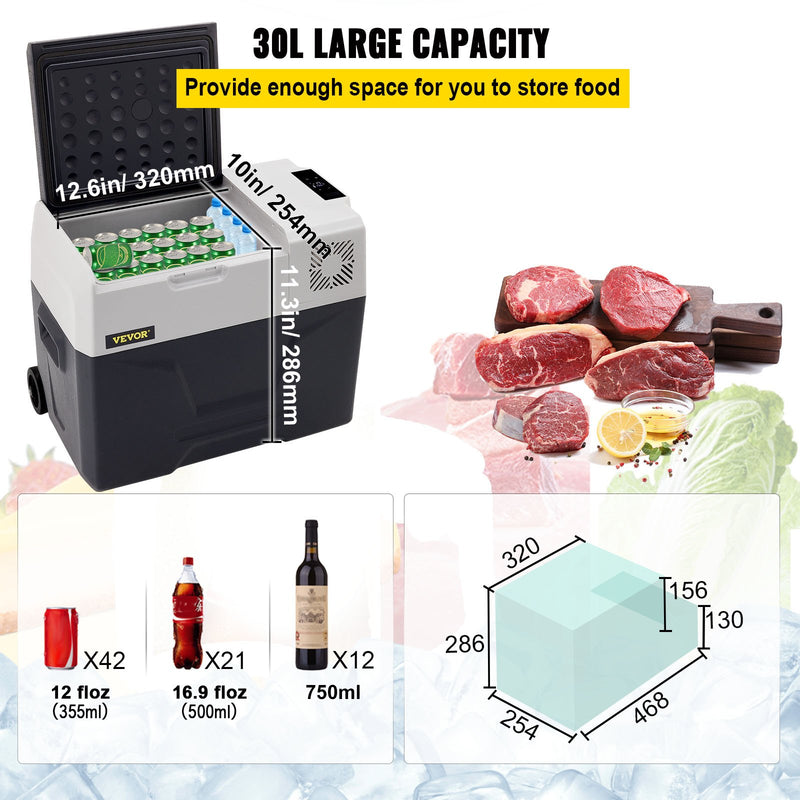 VEVOR automašīnas ledusskapis/saldētava 30L, ideāls risinājums automašīnām, kravas automašīnām, treileriem, laivām, kā arī lietošanai mājās vai āra aktivitātēs, piemēram, ceļojumos, makšķerēšanā un kempingā.