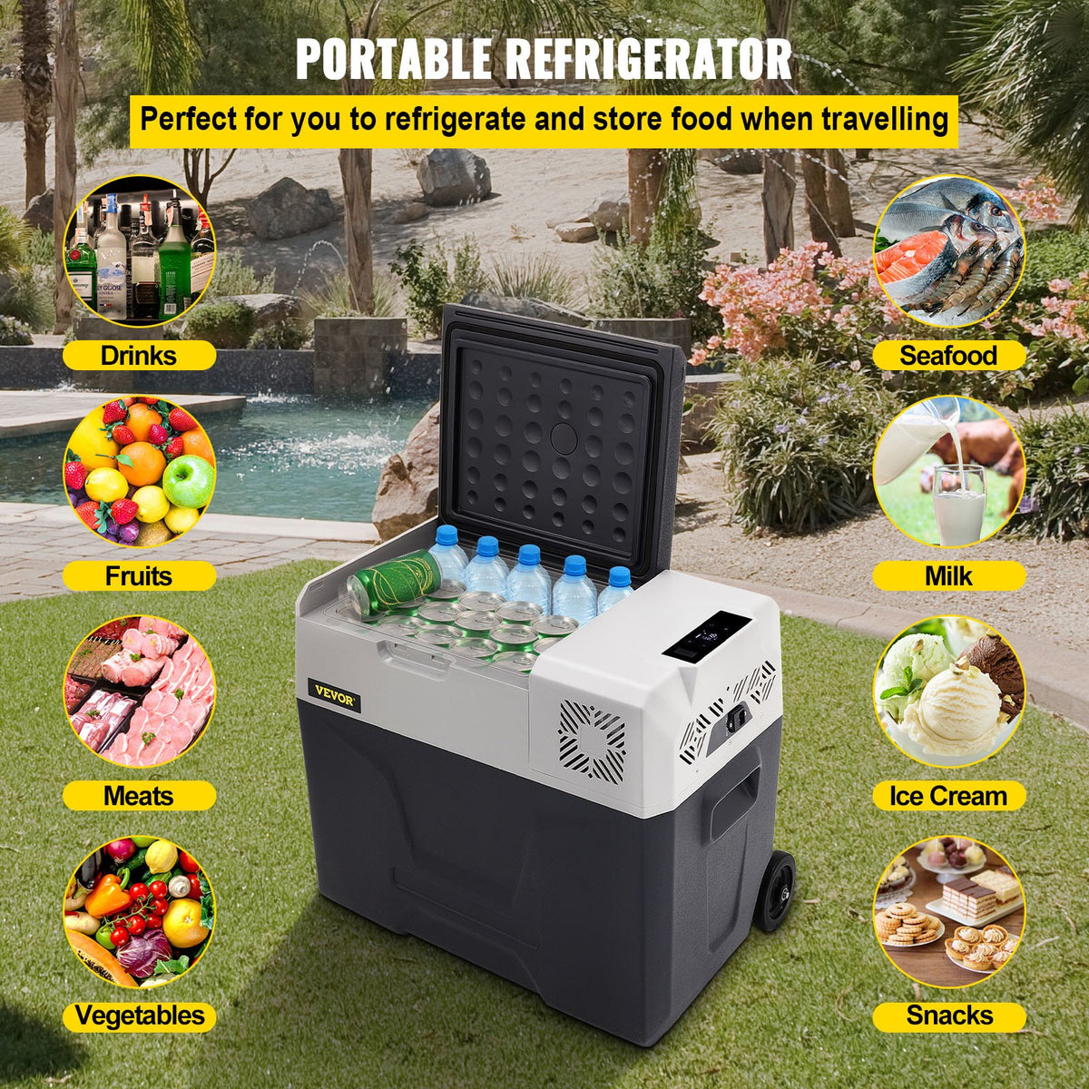 50L VEVOR automašīnas ledusskapis/saldētava 50L, ideāls risinājums automašīnām, kravas automašīnām, treileriem, laivām, kā arī lietošanai mājās vai āra aktivitātēs, piemēram, ceļojumos, makšķerēšanā un kempingā.