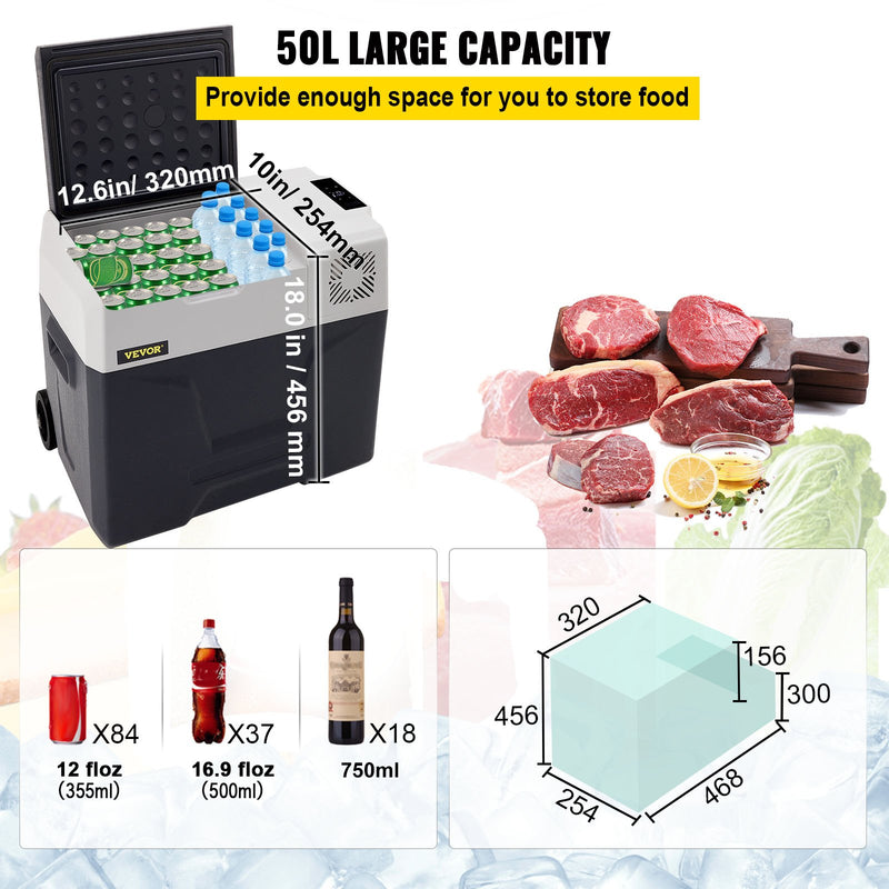 50L VEVOR automašīnas ledusskapis/saldētava 50L, ideāls risinājums automašīnām, kravas automašīnām, treileriem, laivām, kā arī lietošanai mājās vai āra aktivitātēs, piemēram, ceļojumos, makšķerēšanā un kempingā.