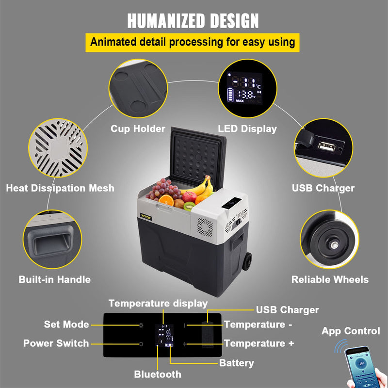 VEVOR automašīnas ledusskapis/saldētava 50L, ideāls risinājums automašīnām, kravas automašīnām, treileriem, laivām, kā arī lietošanai mājās vai āra aktivitātēs, piemēram, ceļojumos, makšķerēšanā un kempingā.