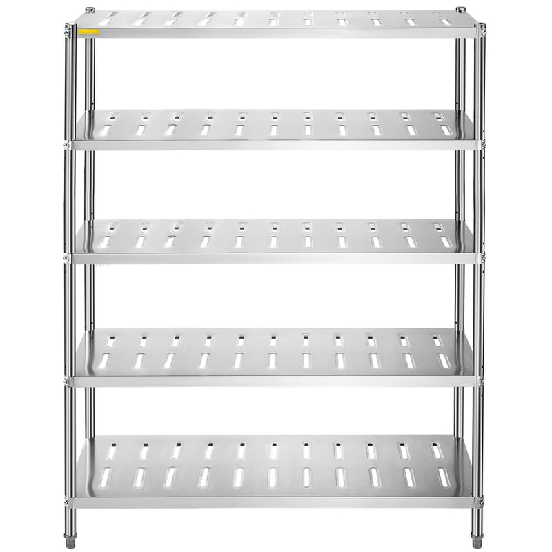VEVOR 5 līmeņu nerūsējošā tērauda uzglabāšanas plaukts, 150 x 45 x 180 cm, 300 kg slodze, regulējams augstums, ventilācijas atveres