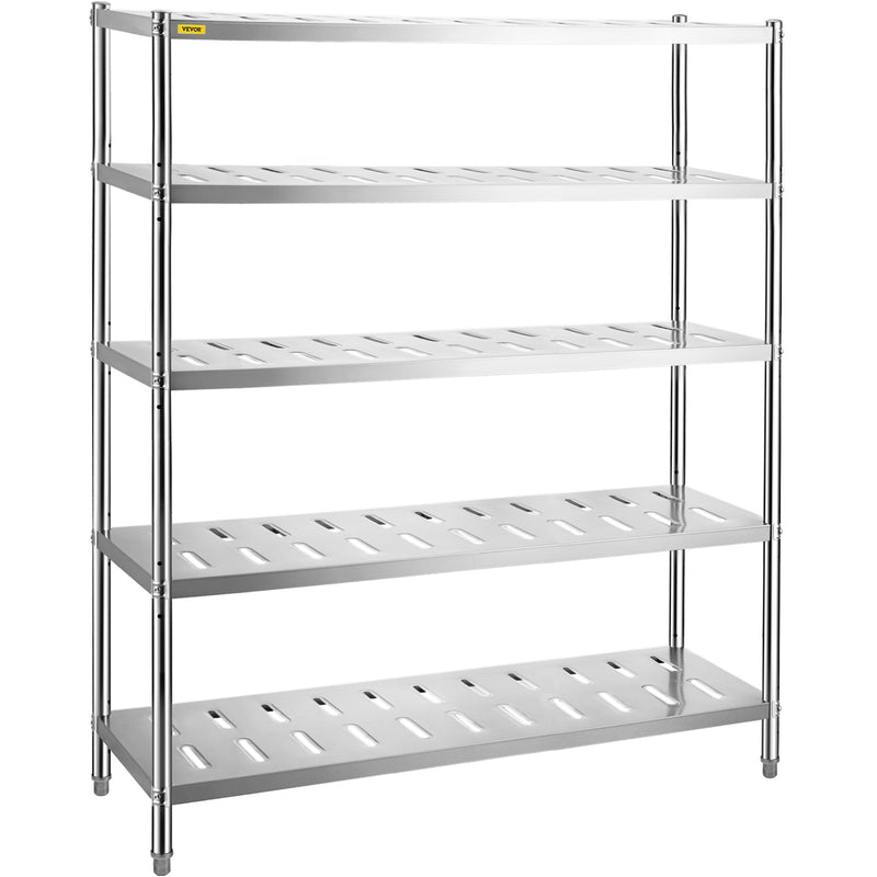 VEVOR 5 līmeņu nerūsējošā tērauda uzglabāšanas plaukts, 150 x 45 x 180 cm, 300 kg slodze, regulējams augstums, ventilācijas atveres