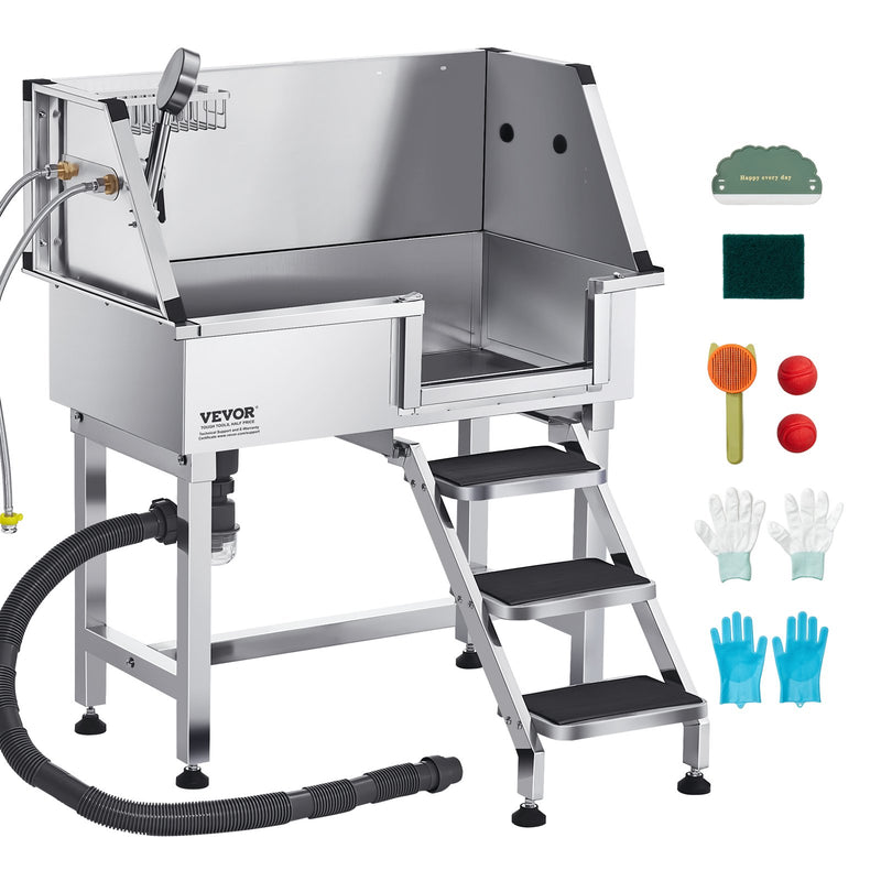 VEVOR 86,4 cm nerūsējošā tērauda suņu kopšanas vanna ar kāpnēm, jaucējkrānu un dušas galvu