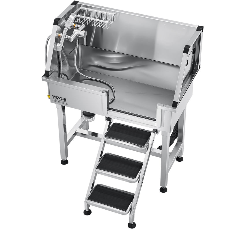 VEVOR 86,4 cm nerūsējošā tērauda suņu kopšanas vanna ar kāpnēm, jaucējkrānu un dušas galvu
