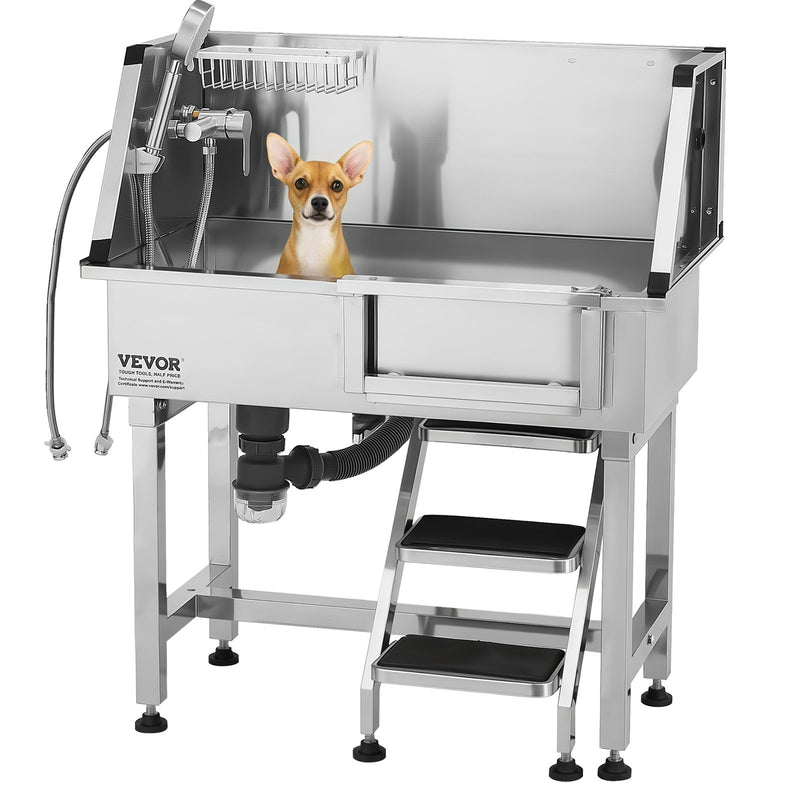 VEVOR 86,4 cm nerūsējošā tērauda suņu kopšanas vanna ar kāpnēm, jaucējkrānu un dušas galvu