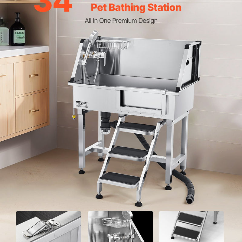 VEVOR 86,4 cm nerūsējošā tērauda suņu kopšanas vanna ar kāpnēm, jaucējkrānu un dušas galvu