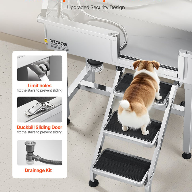 VEVOR 86,4 cm nerūsējošā tērauda suņu kopšanas vanna ar kāpnēm, jaucējkrānu un dušas galvu