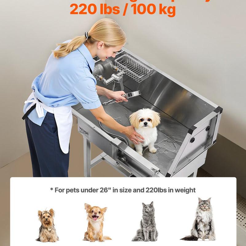 VEVOR 86,4 cm nerūsējošā tērauda suņu kopšanas vanna ar kāpnēm, jaucējkrānu un dušas galvu