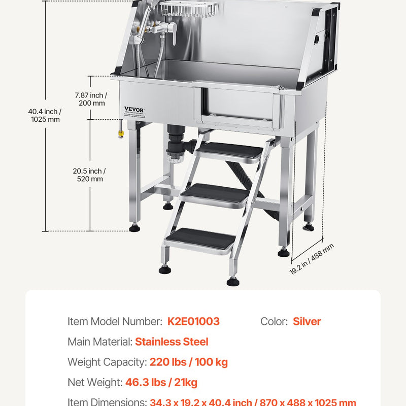 VEVOR 86,4 cm nerūsējošā tērauda suņu kopšanas vanna ar kāpnēm, jaucējkrānu un dušas galvu