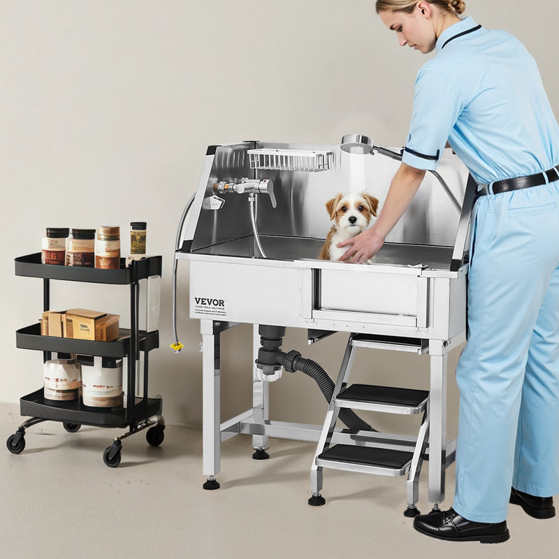 VEVOR 86,4 cm nerūsējošā tērauda suņu kopšanas vanna ar kāpnēm, jaucējkrānu un dušas galvu