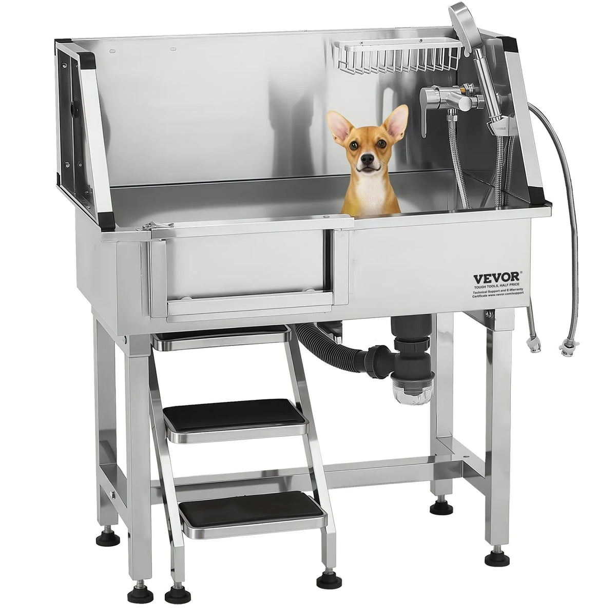 VEVOR Stainless Steel Dog Grooming Bath Tub with Steps, 86.4 cm, Left Door