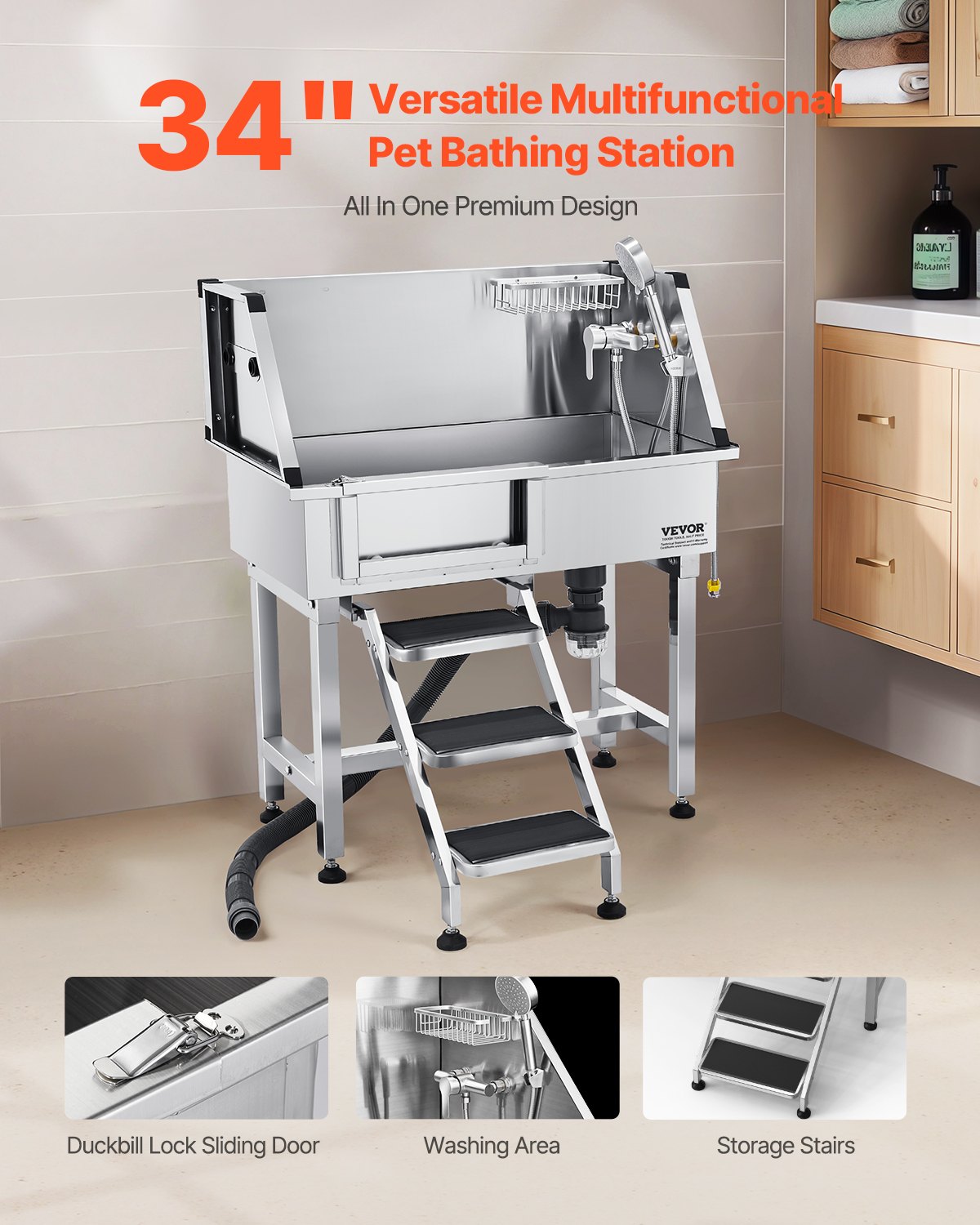 VEVOR Stainless Steel Dog Grooming Bath Tub with Steps, 86.4 cm, Left Door
