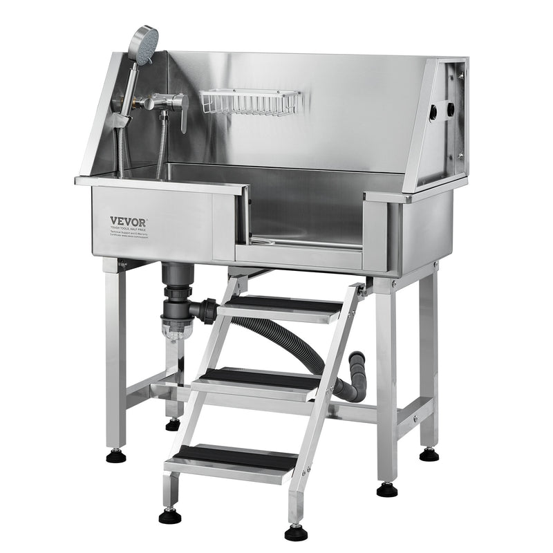 VEVOR 864 mm nerūsējošā tērauda suņu kopšanas vanna ar rampu, atvilktni, jaucējkrānu un piederumiem (labā puse)