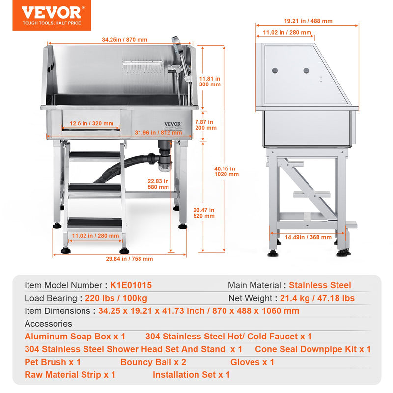 VEVOR 864 mm nerūsējošā tērauda suņu kopšanas vanna ar rampu, atvilktni, jaucējkrānu un piederumiem (labā puse)