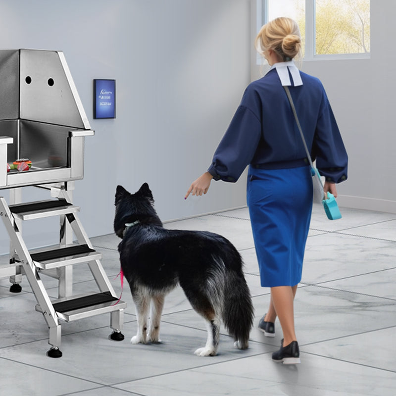 VEVOR 864 mm nerūsējošā tērauda suņu kopšanas vanna ar rampu, atvilktni, jaucējkrānu un piederumiem (labā puse)