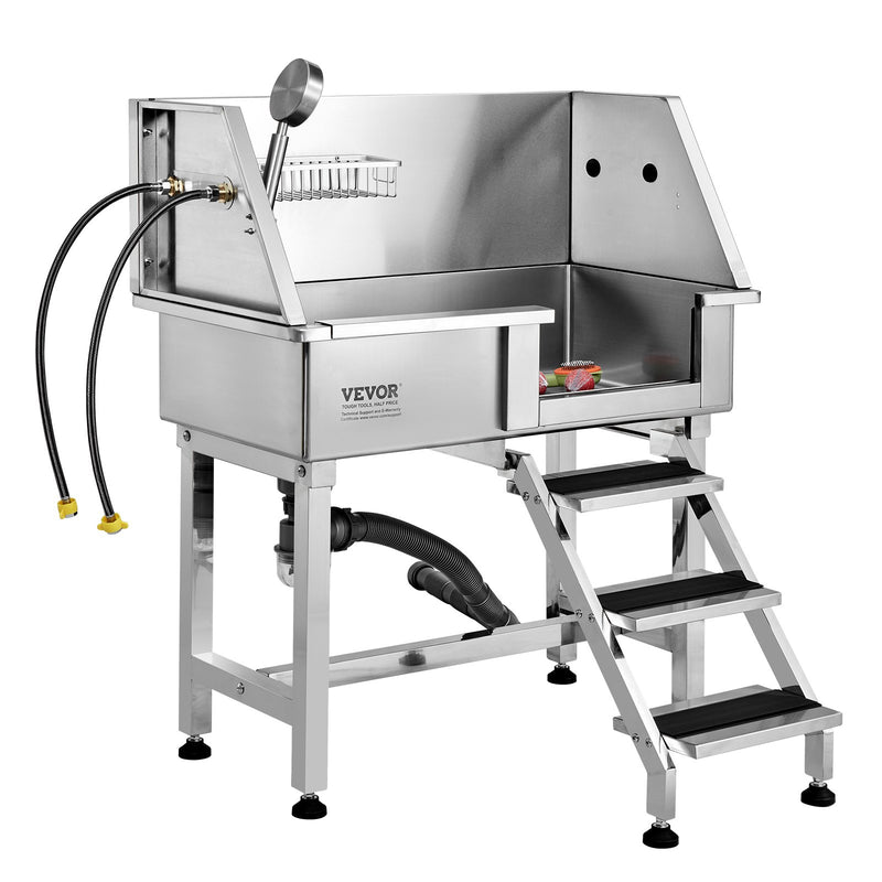 VEVOR 864 mm nerūsējošā tērauda suņu kopšanas vanna ar rampu, atvilktni, jaucējkrānu un piederumiem (labā puse)