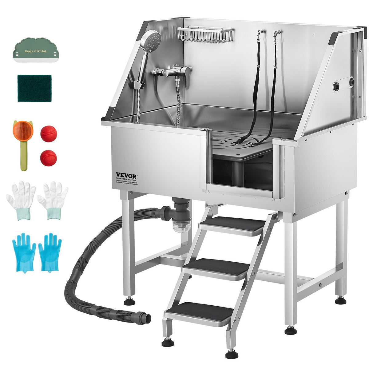 VEVOR Stainless Steel Dog Grooming Bath Tub with Steps, 96.5 cm, Right-Hand Door
