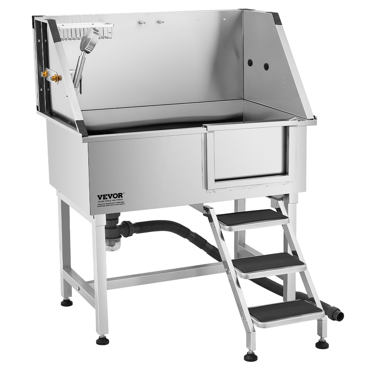 VEVOR Stainless Steel Dog Grooming Bath Tub with Steps, 96.5 cm, Right-Hand Door