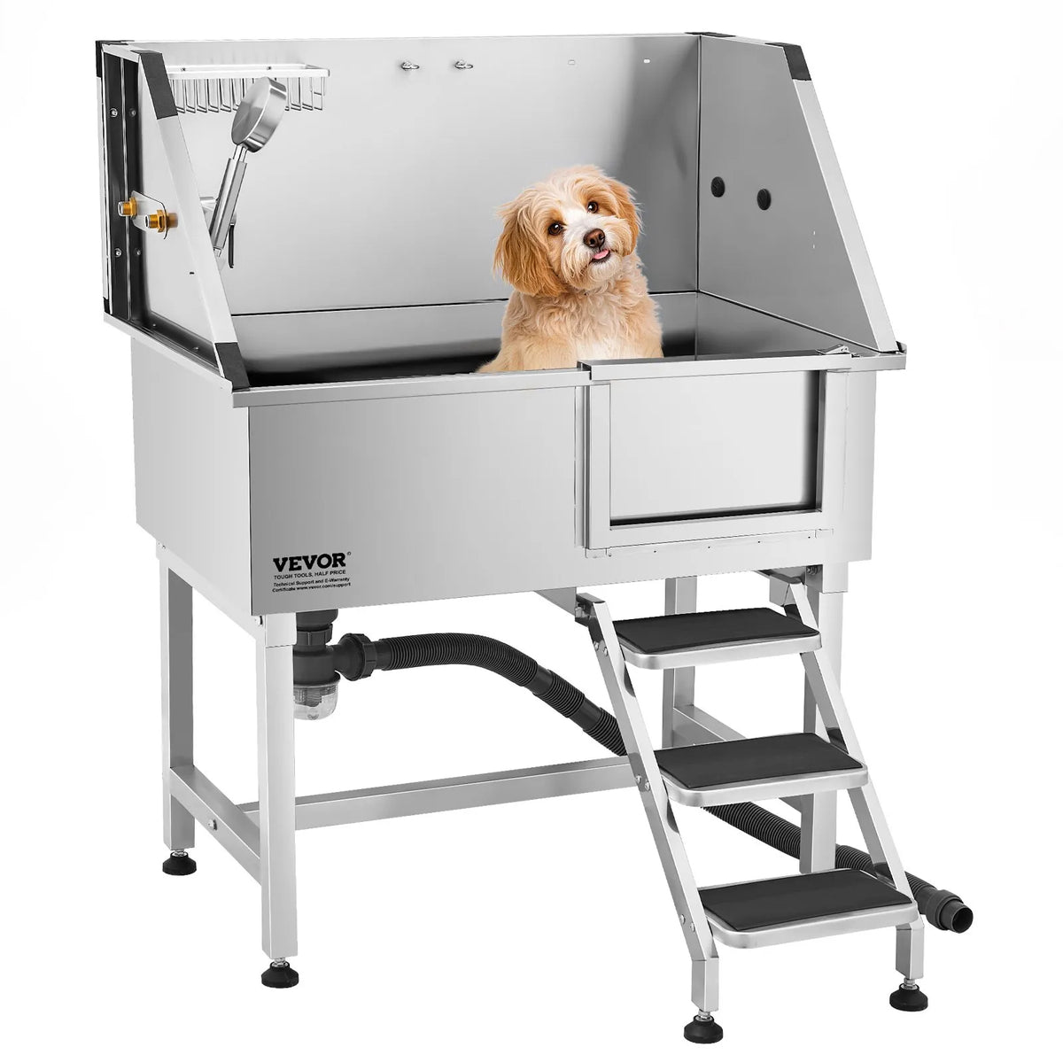 VEVOR Stainless Steel Dog Grooming Bath Tub with Steps, 96.5 cm, Right-Hand Door