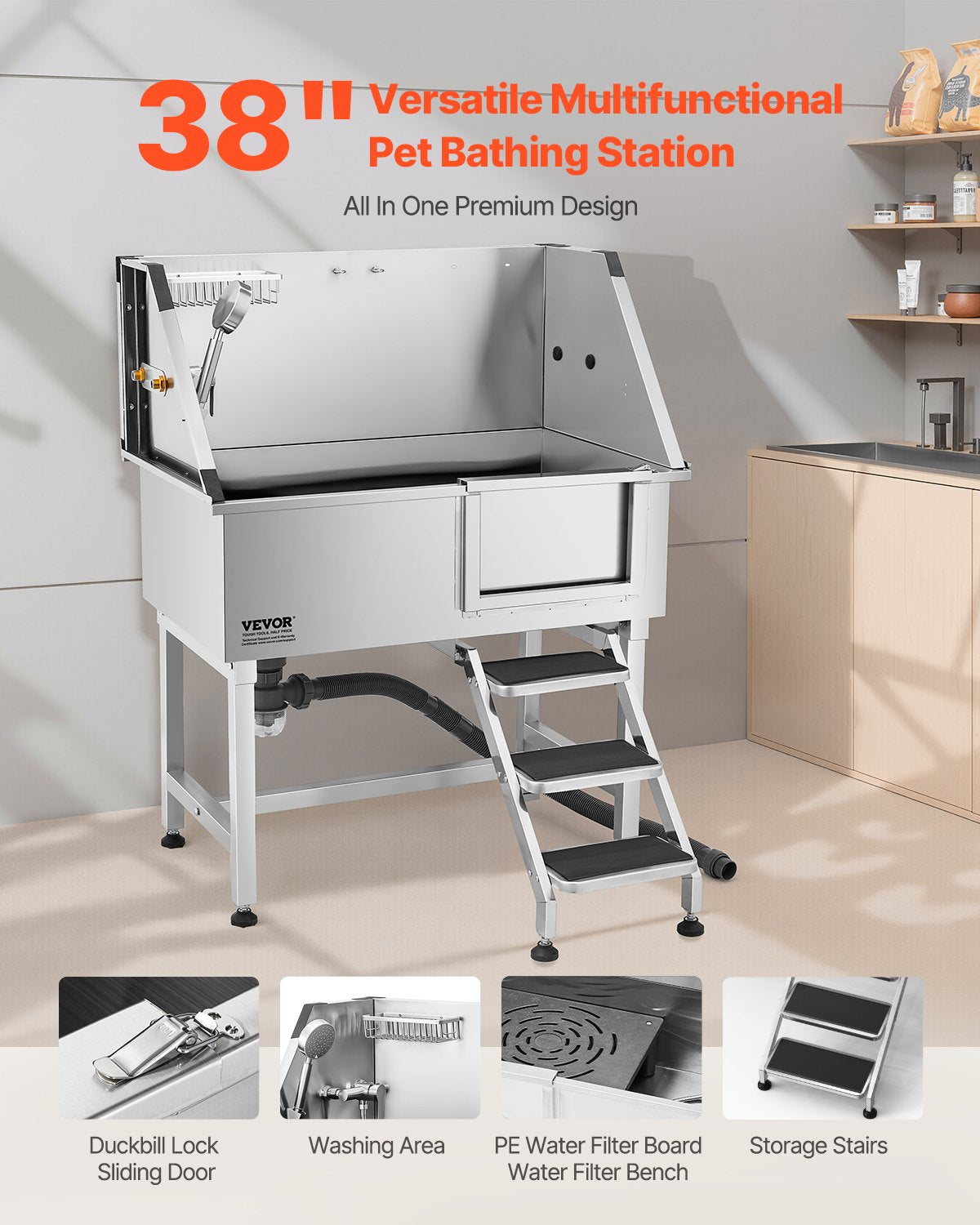 VEVOR Stainless Steel Dog Grooming Bath Tub with Steps, 96.5 cm, Right-Hand Door