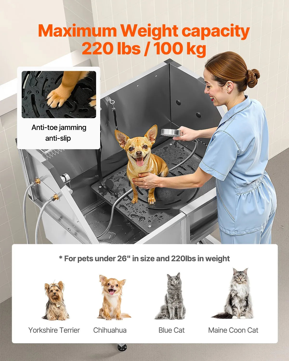 VEVOR Stainless Steel Dog Grooming Bath Tub with Steps, 96.5 cm, Right-Hand Door