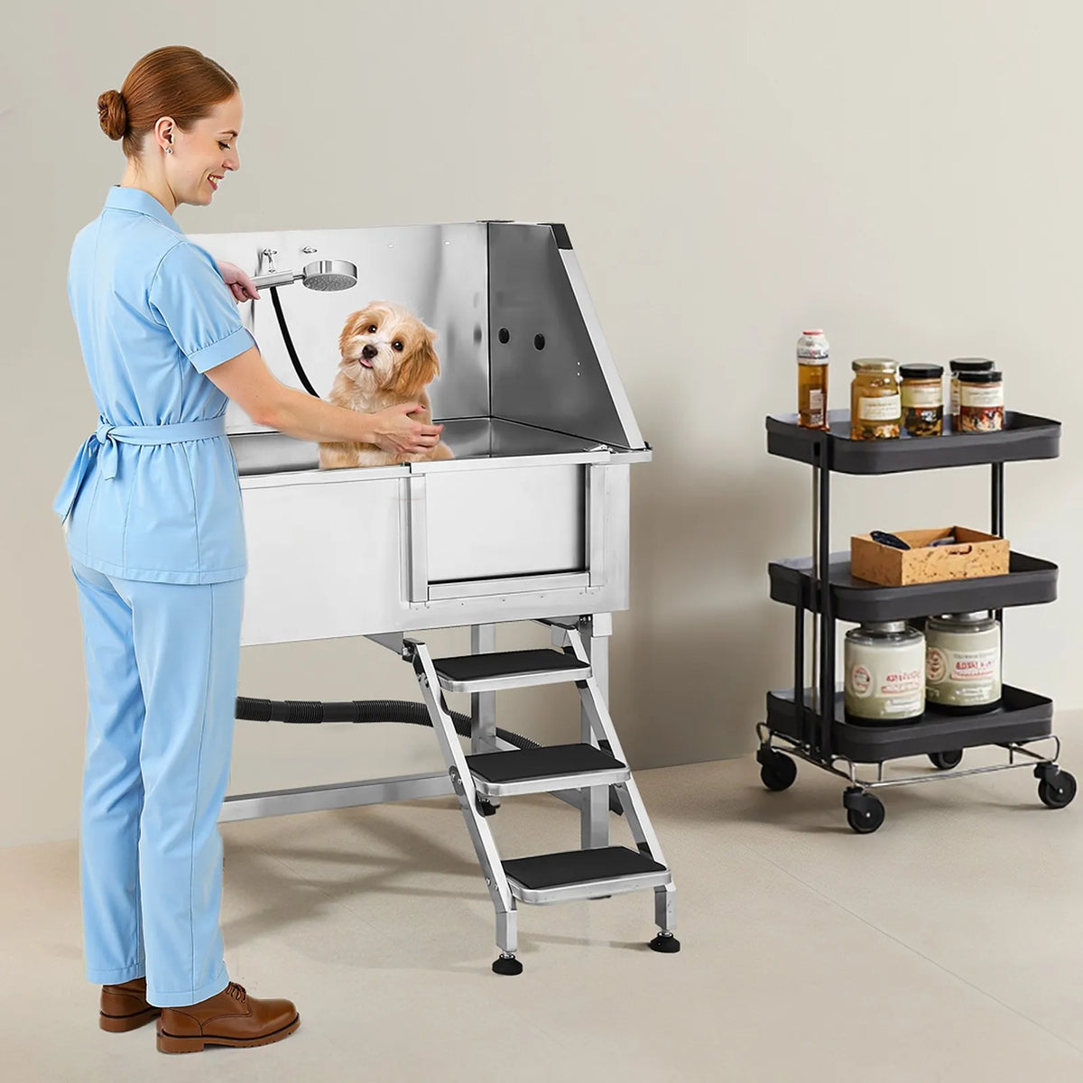 VEVOR Stainless Steel Dog Grooming Bath Tub with Steps, 96.5 cm, Right-Hand Door