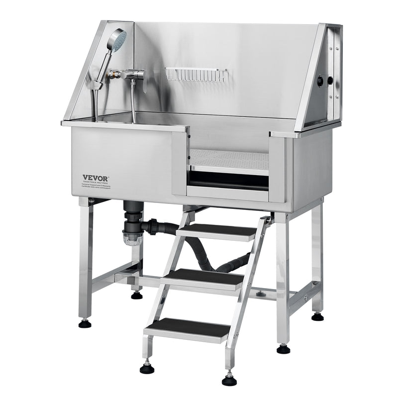 VEVOR 96 cm mājdzīvnieku vannošanas stacija ar rampu – profesionāla nerūsējošā tērauda suņu kopšanas vanna ar atvilktni, režģi un jaucējkrānu (labā puse)